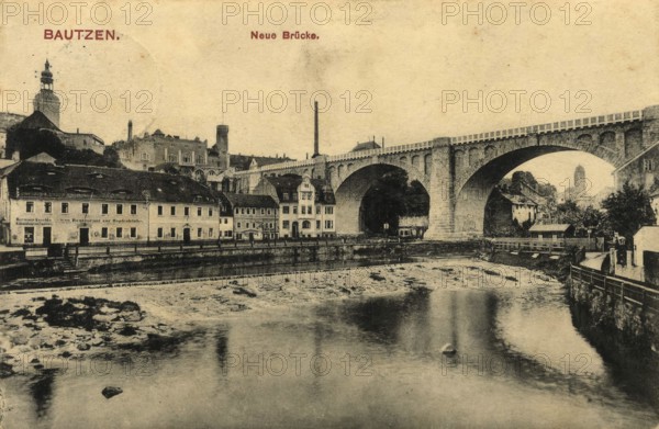 Historical postcard around 1900, Bautzen, Neue Brücke, Saxony, Germany, digital reproduction of a historical postcard, public domain, from that time, exact date unknown