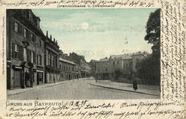 Historical postcard around 1899, Bayreuth, Opernstraße and Opera House, Upper Franconia, Bavaria, Germany, digital reproduction of a historic postcard, public domain, from that time, exact date unknown