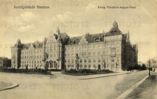Historical postcard around 1900, Bautzen, Justizgebäude and König Friedrich-August-Platz, Saxony, Germany, digital reproduction of a historic postcard, public domain, from that time, exact date unknown