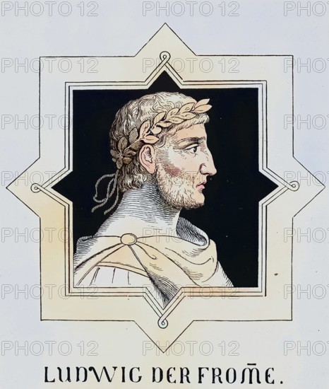 Louis I (called Louis the Pious, born June/August 778, died June 20, 840), was king of the Frankish Empire (in Aquitaine from 781, in the Empire as a whole from 814) and emperor (813-840) . He was the son and successor of Charlemagne / Louis I (called Louis the Pious, born June/August 778, died June 20, 840), was king of the Frankish Empire (in Aquitaine from 781, in the overall empire from 814) and emperor (813-840) . He was the son and successor of Charlemagne, Historical, digitally restored reproduction of an original from the 19th century, exact original date unknown, subsequently coloured