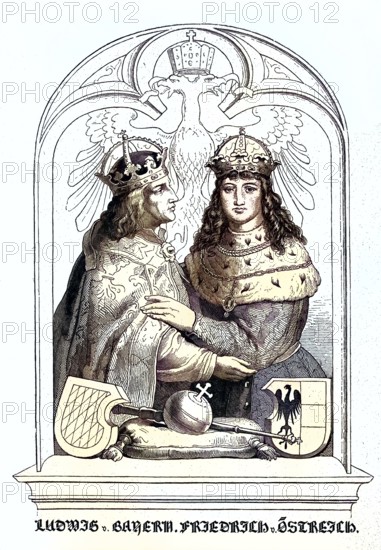 Louis IV the Bavarian (born late 1281/early 1282, died 11 October 1347) House of Wittelsbach. In 1314, he stood as a candidate for election as Roman-German king. However, this election was inconclusive, resulting in a dual kingship / Louis IV the Bavarian (born late 1281/early 1282, died October 11, 1347) House of Wittelsbach. In 1314 he stood as a candidate for election as Roman-German king. However, this election was not clear-cut, so that a dual kingship subsequently came about, Historic, digitally restored reproduction of an original from the 19th century, exact original date unknown, subsequently coloured