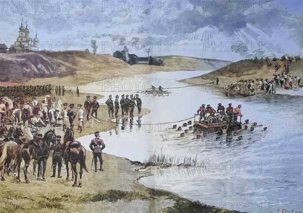 Historical illustration of the Russian maneuver 1882, crossing of the Moskva River near Moscow/Historical illustration of the Russian maneuver 1882, Crossing the river Moskwa near Moscow, historical, digitally restored reproduction of an original model from the 19th century, exact original date unknown, subsequently colored
