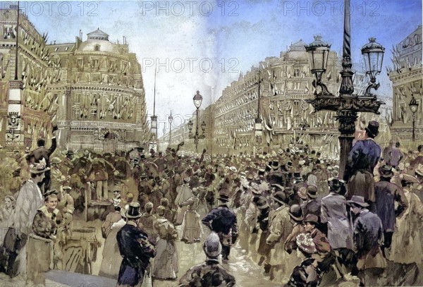 Historical illustration showing the visit of the Russian Mediterranean Squad at Paris, France, here the place at the opera at the arrival of the Russian officers/Historical illustration showing the visit of the Russian Mediterranean Squad at Paris, France, here the place at the opera with the arrival of the Russian officers, historical, digitally restored reproduction of an original original from the 19th century, exact original date unknown, subsequently colored