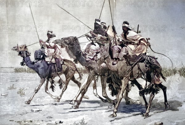 A camel ride of the Tuareg people in Libya, advance guard, the leading part of an advancing military formation/a camel ride of the Tuareg people in Libya, vanguard, advance guard, the leading part of an advancing military formation, historical, digitally restored reproduction of an original original from the 19th century, exact original date unknown, subsequently colored