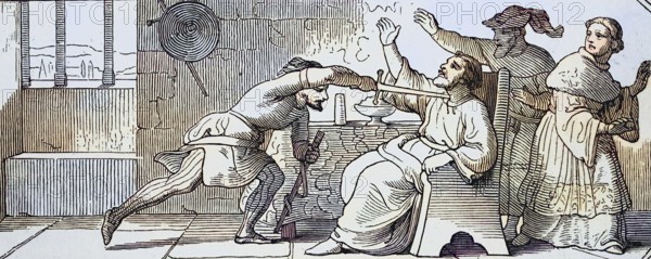 Assassination of Philip of Swabia (born February or March 1177, died 21 June 1208) of the Staufer dynasty. Juni 1208) aus dem Adelsgeschlecht der Staufer war von 1198 bis zu seiner Ermordung 1208 römisch-deutscher König / erman Peasants' War, assassination of Philip of Swabia (born February or March 1177, died June 21, 1208) from the noble family of the Hohenstaufen was Roman-German king from 1198 until his assassination in 1208, Historic, digitally restored reproduction of an original from the 19th century, exact original date unknown, subsequently coloured