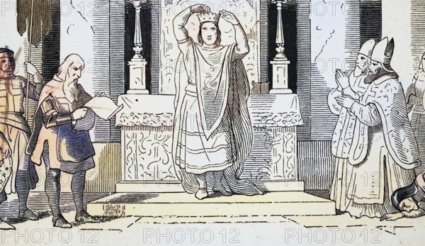 Frederick II (born 26 December 1194, died 13 December 1250) of the Hohenstaufen dynasty. Dezember 1250) aus dem Geschlecht der Staufer war ab 1198 König von Sizilien, ab 1211/12 deutscher König und von 1220 bis zu seinem Tod Kaiser des römisch-deutschen Reiches / Frederick II (born December 26, 1194, died December 13, 1250) of the Hohenstaufen dynasty was king of Sicily from 1198, German king from 1211/12, and emperor of the Roman-German Empire from 1220 until his death, Historisch, digital restaurierte Reproduktion einer Originalvorlage aus dem 19. century, exact original date unknown, subsequently coloured