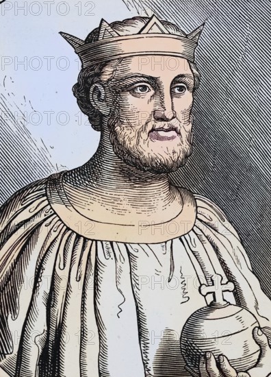 Philipp von Swabia (geboren Februar oder März 1177, gestorben 21. Juni 1208) aus dem Adelsgeschlecht der Staufer war von 1198 bis zu seiner Ermordung 1208 römisch-deutscher König / Philip of Swabia (born February or March 1177, died June 21, 1208) from the noble family of the Hohenstaufen was Roman-German king from 1198 until his assassination in 1208, Historisch, digital restaurierte Reproduktion einer Originalvorlage aus dem 19. century, genaues Originaldatum nicht bekannt, nachträglich coloriert