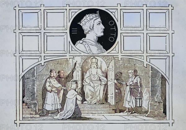 Otto III. (born June or July 980, died 23. or 24. January 1002) aus dem Haus der Ottonen war ab 983 römisch-deutscher König und ab 996 Kaiser / Otto III. (born June or July 980, died Jan. 23 or 24, 1002) of the House of Ottoni was Roman-German king from 983 and emperor from 996, Historic, digitally restored reproduction of an original from the 19th century, exact original date unknown, subsequently coloured
