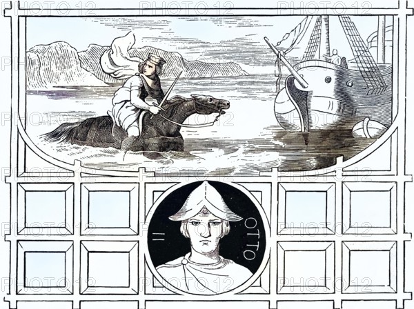 Otto II. (geboren 955, gestorben 7. Dezember 983) aus dem Adelsgeschlecht der Liudolfinger war römisch-deutscher Kaiser von 973 bis 983 / Otto II (born 955, died December 7, 983) from the noble family of the Liudolfing was Roman-German emperor from 973 to 983, Historic, digitally restored reproduction of an original from the 19th century, exact original date unknown, subsequently coloured