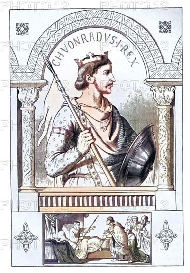 Konrad II (born c. 990, died 4 June, 1039) was Roman-German emperor from 1027 to 1039, king of the East Francia from 1024, king of Italy from 1026 and king of Burgundy from 1033 / Conrad II (born c. 990, died June 4, 1039) was Roman-German emperor from 1027 to 1039, king of the East Francia from 1024, king of Italy from 1026 and king of Burgundy from 1033, Historical, digitally restored reproduction of an original from the 19th century, exact original date unknown, subsequently coloured