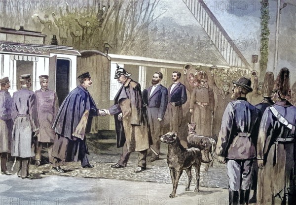 Kaiser Wilhelm II's visit to Friedrichsruh, Germany. Handshake between the Kaiser and Bismarck. Otto von Bismarck, 1815 - 1898, Prussian statesman and first chancellor of Germany. Wilhelm II or Wilhelm II, Friedrich Wilhelm Victor Albert of Prussia, /the visit of Emporer Wilhelm II at Friedrichsruh, Germany. Handshake between the Emporer and Bismarck. Otto von Bismarck, Prussian Statesman and First Chancellor of Germany. Wilhelm II or William II, Frederick William Victor Albert of Prussia, historical, digitally restored reproduction of an original model from the 19th century, exact original date not known, subsequently colored