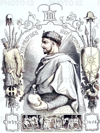 Heinrich III. (geboren 28. Oktober 1017, gestorben 5. Oktober 1056) aus der Familie der Salier war von 1039 bis zu seinem Tod 1056 König und seit 1046 Kaiser im römisch-deutschen Reich / Henry III (born October 28, 1017, died October 5, 1056) of the Salian family was king from 1039 until his death in 1056 and emperor in the Roman-German Empire from 1046, Historic, digitally restored reproduction of an original from the 19th century, exact original date unknown, subsequently coloured