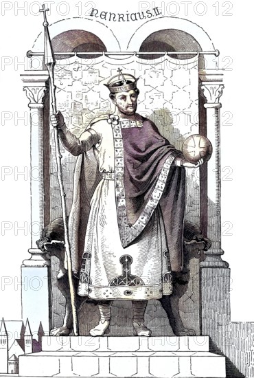 Henry II, (born 6 May 973 or 978, died 13 July 1024), saint (since 1146), from the Ottonian dynasty, was Henry IV. Duke of Bavaria from 995 to 1004 and again from 1009 to 1017, King of the East Franconian Empire from 1002 to 1024, King of Italy from 1004 to 1024 and Roman-German Emperor from 1014 to 1024 / Henry II, (born May 6, 973, or 978, died July 13, 1024), saint (since 1146), of the noble family of the Ottonians was, as Henry IV, duke of Bavaria from 995 to 1004 and again from 1009 to 1017, king of the East Frankish Empire from 1002 to 1024, king of Italy from 1004 to 1024, and Roman emperor from 1014 to 1024, Historical, digitally restored reproduction of an original from the 19th century, exact original date unknown. century, exact original date unknown, subsequently coloured