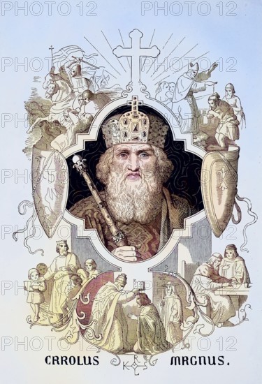 Charlemagne, born probably April 2, 747 or 748, died January 28, 814, was a ruler from the Carolingian family. From October 9, 768 on, he was king of the Frankish Empire and since December 25, 800 Roman Emperor/Charlemagne, born probably April 2, 747 or 748, died January 28, 814, was a ruler descended from the Carolingian dynasty. From October 9, 768, he was king of the Frankish Empire and, from December 25, 800, Roman Emperor, historical, digitally restored reproduction of an original model from the 19th century, exact original date unknown, subsequently colored