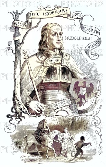 Rudolf of Habsburg (born 1 May 1218, died 15 July 1291) was Rudolf IV. Count of Habsburg, Kyburg and Löwenstein and Landgrave of Thurgau. As Rudolf I, he was the first Roman-German king from the Habsburg dynasty from 1273 / Rudolf of Habsburg (born May 1, 1218, died July 15, 1291) was, as Rudolf IV. Count of Habsburg, Kyburg and Löwenstein and Landgrave in Thurgau. As Rudolf I he was the first Roman-German king from the dynasty of Habsburg from 1273, Historic, digitally restored reproduction of an original from the 19th century, exact original date unknown, subsequently coloured