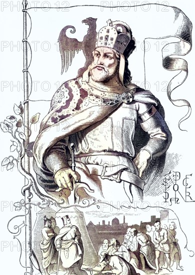 Frederick I, called Barbarossa (born c. 1122, died 10 June 1190), from the Staufer dynasty, was Duke of Swabia from 1147 to 1152 as Frederick III. Duke of Swabia, Roman-German King from 1152 to 1190 and Emperor of the Roman-German Empire from 1155 to 1190 / Frederick I, called Barbarossa (born c. 1122, died June 10, 1190), of the noble family of the Hohenstaufen, was Duke of Swabia from 1147 to 1152 as Frederick III. Duke of Swabia, Roman-German king from 1152 to 1190, and emperor of the Roman-German Empire from 1155 to 1190, Historical, digitally restored reproduction of an original from the 19th century, exact original date unknown, subsequently coloured