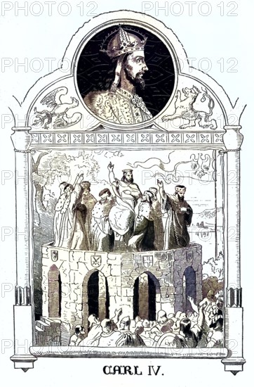 Karl IV. (born 14 May 1316, died 29 November 1378) war römisch-deutscher König (ab 1346), König von Böhmen (ab 1347) und römisch-deutscher Kaiser (ab 1355) / Charles IV (born May 14, 1316, died November 29, 1378) was Roman-German king (from 1346), king of Bohemia (from 1347), and Roman-German emperor (from 1355), Historical, digitally restored reproduction of an original from the 19th century. century, exact original date unknown, subsequently coloured