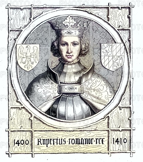 Ruprecht III (born 5 May 1352, died 18 May 1410) of the Wittelsbach dynasty was Roman-German king from 1400 to 1410 and, as Ruprecht III. von der Pfalz von 1398 bis 1410 Pfalzgraf und Kurfürst der Pfalz / Ruprecht III (born May 5, 1352, died May 18, 1410) of the Wittelsbach dynasty was Roman-German king from 1400 to 1410 and, as Ruprecht III of the Palatinate, Count Palatine and Elector Palatine from 1398 to 1410, Historical, digitally restored reproduction of an original from the 19th century, exact original date unknown, subsequently coloured