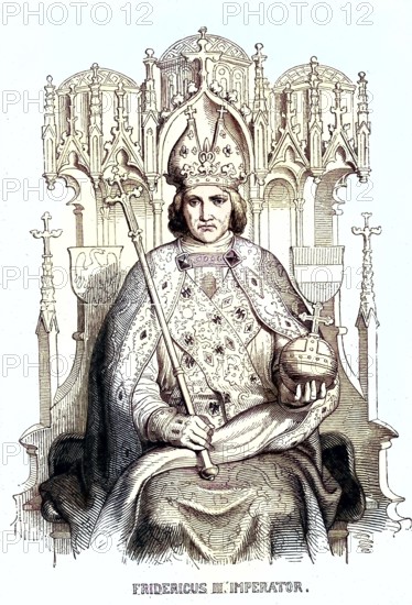 Frederick III (born 21 September 1415, died 19 August 1493) of the House of Habsburg was Duke of Styria, Carinthia and Carniola as Frederick V from 1424, Duke of Austria from 1439, Roman-German King as Frederick III from 1440 and Holy Roman Emperor from 1452. from 1440 Roman-German King and from 1452 Holy Roman Emperor / Frederick III (born September 21, 1415, died August 19, 1493) of the House of Habsburg was Duke of Styria, Carinthia and Carniola as Frederick V from 1424, Duke of Austria from 1439, Roman-German King as Frederick III from 1440 and Holy Roman Emperor from 1452, Historical, digitally restored reproduction of an original from the 19th century, exact original date unknown, subsequently coloured