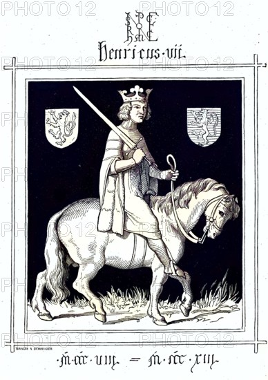 Henry VII (born 1278/79, died 24 August, 1313) was descended from the House of Limburg-Luxembourg and was Count of Luxembourg and Laroche as well as Margrave of Arlon. He was Roman-German king from 1308 to 1313 and Roman-German emperor from 29 June 1312 / Henry VII (born 1278/79, died August 24, 1313) was descended from the House of Limburg-Luxembourg and was Count of Luxembourg and Laroche and Margrave of Arlon. He was Roman-German king from 1308 to 1313 and Roman-German emperor since June 29, 1312, Historical, digitally restored reproduction of an original from the 19th century, exact original date unknown, subsequently coloured