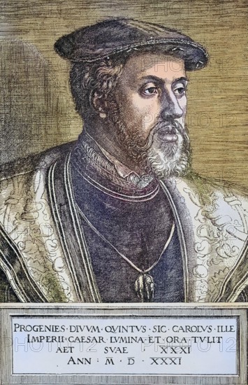 Charles V (born 24 February 1500, died 21 September 1558) from the House of Habsburg was King Charles I of Spain (Spanish Carlos I) from 1516. He was elected Roman-German king in 1519, after his coronation in 1520 he called himself Holy Roman Emperor, Historisch, digital restaurierte Reproduktion einer Originalvorlage aus dem 19. century, genaues Originaldatum nicht bekannt, nachträglich farbiert