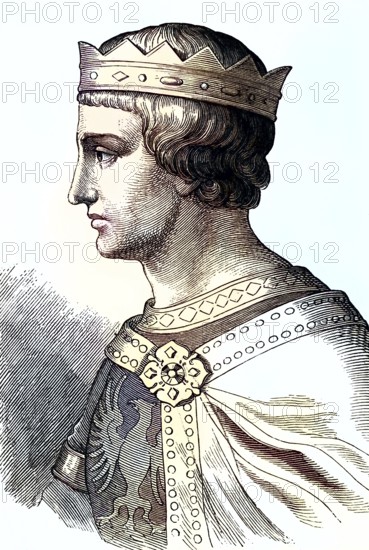 Frederick II (born 26 December 1194, died 13 December 1250) of the Hohenstaufen dynasty. Dezember 1250) aus dem Geschlecht der Staufer war ab 1198 König von Sizilien, ab 1211/12 deutscher König und von 1220 bis zu seinem Tod Kaiser des römisch-deutschen Reiches / Frederick II (born December 26, 1194, died December 13, 1250) of the Hohenstaufen dynasty was king of Sicily from 1198, German king from 1211/12, and emperor of the Roman-German Empire from 1220 until his death, Historisch, digital restaurierte Reproduktion einer Originalvorlage aus dem 19. century, exact original date unknown, subsequently coloured