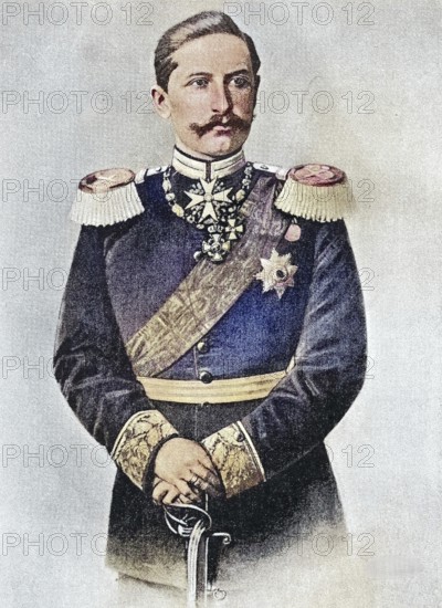 Wilhelm II, full name Friedrich Wilhelm Viktor Albert of Prussia (born 27 January 1859, died 4 June 1941), came from the Hohenzollern dynasty. Juni 1941), stammtstammte der Dynastie der Hohenzollern und war von 1888 bis 1918 letzter Deutscher Kaiser und König von Preussen / Wilhelm II, full name Friedrich Wilhelm Viktor Albert of Prussia (born January 27, 1859, died June 4, 1941), descended from the Hohenzollern dynasty and was the last German Emperor and King of Prussia from 1888 to 1918, Historic, digitally restored reproduction of an original from the 19th century, exact original date unknown, subsequently coloured