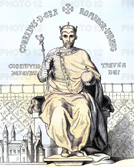 Conrad II (born around 990, died 4 June 1039) was Roman-German Emperor from 1027 to 1039, from 1024 King of the East Franconian Empire, from 1026 King of Italy and from 1033 King of Burgundy, Historical, digitally restored reproduction of an original from the 19th century, exact original date unknown, subsequently coloured