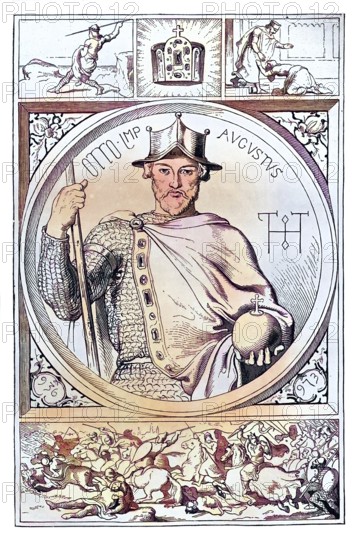 Otto II. (geboren 955, gestorben 7. Dezember 983) aus dem Adelsgeschlecht der Liudolfinger war römisch-deutscher Kaiser von 973 bis 983 / Otto II (born 955, died December 7, 983) from the noble family of the Liudolfing was Roman-German emperor from 973 to 983, Historic, digitally restored reproduction of an original from the 19th century, exact original date unknown, subsequently coloured