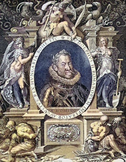Rudolf II (born 18 July 1552, died 20 January 1612) was Emperor of the Holy Roman Empire (1576-1612), King of Bohemia (1576-1611), King of Hungary and Archduke of Austria (1576-1608) / Maximilian II (born 31 July 1527, died 12 October 1576) was Emperor of the Holy Roman Empire and Archduke of Austria from 1564 to 1576. October 1576), was Emperor of the Holy Roman Empire and Archduke of Austria from 1564 to 1576, Historical, digitally restored reproduction of an original from the 19th century, exact original date unknown, subsequently coloured