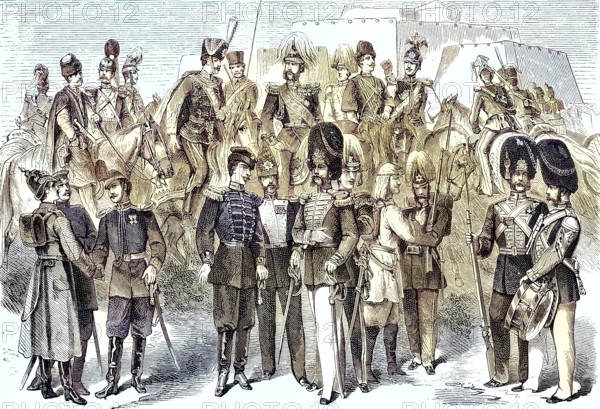 Uniforms of the russian soldiers in the year 1880, russische Dragoner und Husaren, Infanterie, Artillerie, Offiziere der Königlichen Garde, Infanterie der Königlichen Garde, Königliche Gardisten (von links nach rechts) / Uniforms of the russian soldiers in the year 1880, Russian dragoons and hussars, Infantry, Artillery, officers of the Royal Guard, Infantery of Royal Guard, Royal Guardists (left to right), Historic, digitally restored reproduction of an original from the 19th century. century, exact original date unknown, subsequently coloured