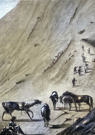 Historical illustration of the last horse station on Mount Vesuvius, Naples, Italy/Historical illustration of the last horse station at Vulcano Vesuvius, Naples, Italy, historical, digitally restored reproduction of an original model from the 19th century, exact original date not known, subsequently colored