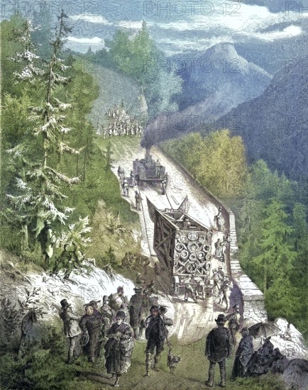 Historical illustration showing the transportation of the parts of a large cross on a mountain pass in the Bavarian Alps near Ettal, Bavaria, Germany. The crucifixion group near Oberammergau was paid by King Ludwig II/Historical illustration showing the transport of the parts of a big cruzifix on a mountain pass in the Bavarian Alps near Ettal, Bavaria, Germany. The Crucifixion Group, Cruzifix Group, near Oberammergau was paid by King Ludwig II, Louis II, historical, digitally restored reproduction of an original model from the 19th century, exact original date not known, subsequently colored