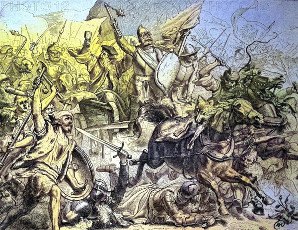 Historical depiction of the Battle of Mount Witkow, Ciskaberg, 1420, Hussite Wars, also known as Bohemian Wars or Hussite Uprising/Historical illustration of the battle at the mountain Witkow, Hussite Wars, also called the Bohemian Wars or the Hussite Revolution, historical, digitally restored reproduction of an original model from the 19th century, exact original date not known, subsequently colored