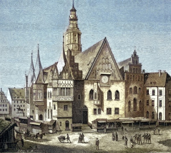 Historical illustration of the town hall of Wroclaw, Wroclaw, former German city, now Poland, Silesia/Historical illustration of the townhall of Breslau, former German town, now Poland, Silesian, historical, digitally restored reproduction of an original model from the 19th century, exact original date not known, subsequently colored