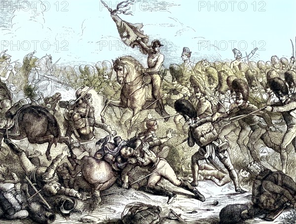 Historical illustration of Battle of Aspern-Essling, 1809, here with Archduke Charles of Austria, Duke of Teschen, Archduke Carl Ludwig Johann Joseph Laurentius of Austria, Duke of Teschen, 1771 - 1847 what about Austrian Field-Marshal/Historical illustration of Battle of Aspern-Essling, 1771 - 1847 what about Austrian Fimarsheld-al, historically, digitally restored reproduction of an original original from the 19th century century, exact original date unknown, colored later