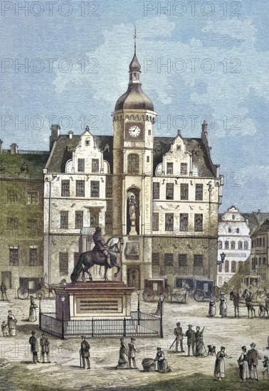 Historical illustration of the old town hall of Düsseldorf, Germany/Historical illustration of the old townhall of Düsseldorf, Düsseldorf, Germany, historical, digitally restored reproduction of an original model from the 19th century, exact original date unknown, subsequently colored