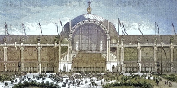 The Paris World's Fair, called Exposition Universelle in French, took place from May 1 to November 10, 1878, the Palace on Champ de Mars/Paris World's Fair, called an Exposition Universelle in French, was held from 1 May through to 10 November 1878, the Palace on Champ de Mars, historical, digitally restored reproduction of an original original from the 19th century, exact original date unknown, subsequently colored