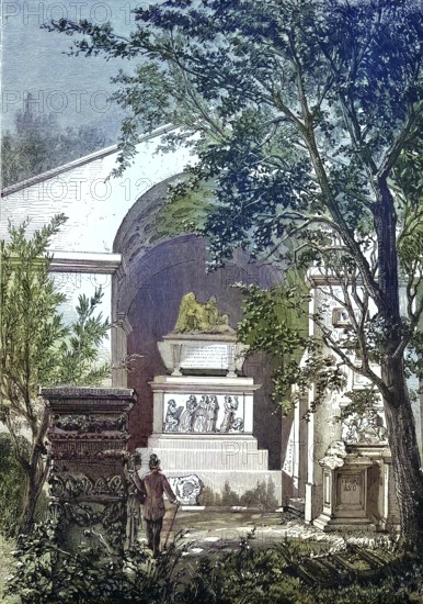 Historical illustration of Joachim Winckelmann's tomb, Trieste, Italy. Johann Joachim Winckelmann, 1717 - 1768, was a German art historian and archaeologist/Historical illustration of the tomb of Joachim Winckelmann, Italy. Johann Joachim Winckelmann, was a German art historian and archaeologist, historically, digitally restored reproduction of an original model from the 19th century, exact original date unknown, subsequently colored