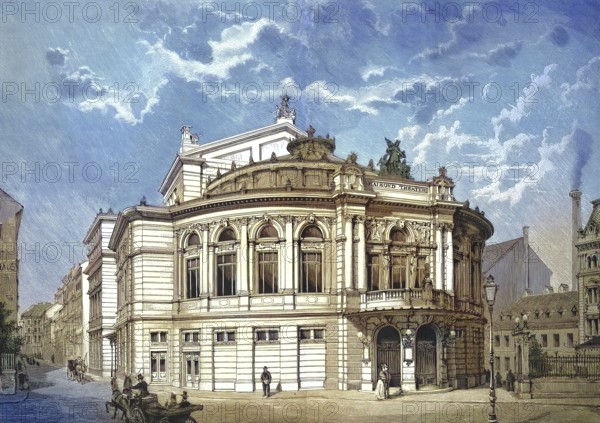 Historical illustration of the Raimund Theatre, a theatre in the Mariahilf district of Vienna, Austria/Historical illustration of the Raimund Theater, a theatre in the Mariahilf district of Vienna, Austria, historical, digitally restored reproduction of an original model from the 19th century, exact original date not known, subsequently colored