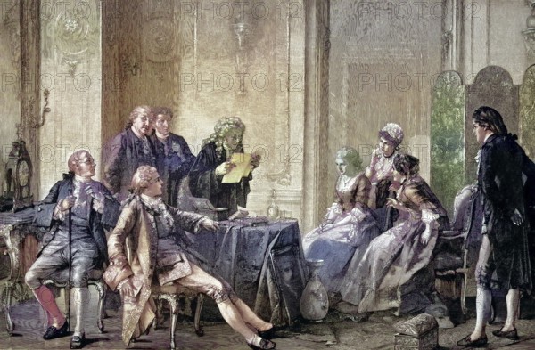 Historical illustration of an opening of a will by a notary 1880/Historical illustration showing a oublication of a will and testament at the office of a notary 1880, historical, digitally restored reproduction of an original model from the 19th century, exact original date not known, subsequently colored