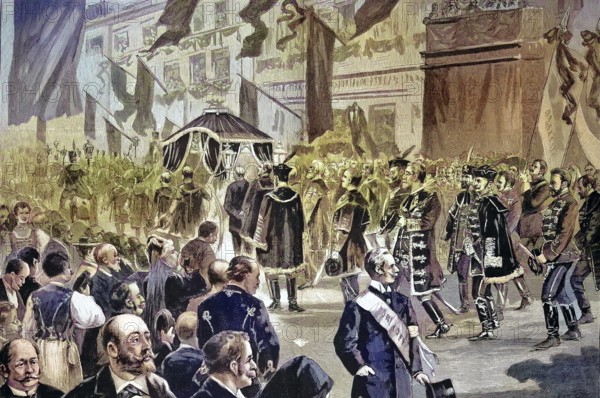 Historical illustration of Kossuth's funeral procession in Budapest. Lajos Kossuth de Udvard et Kossuthfalva, Louis Kossuth, 1802 - 1894, Hungarian lawyer, journalist, politician, statesman and governor president of the Kingdom of Hungary during the revolution of 1848 - 1849/Historical illustration showing Kossuth's funeral procession in Budapest. Lajos Kossuth de Udvard et Kossuthfalva, a Hungarian lawyer, politician, statesman and Governor-President of the Kingdom of Hungary during the revolution of 1848 - 1849, historical, digitally restored reproduction of an original model from the 19th century, exact original date not known, subsequently colored