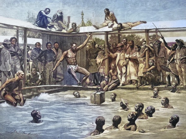 Historical illustration of a game in the water, made by natives, Kimberley, South Africa/Historical illustration of a game in the water, done by natives, South Africa, historical, digitally restored reproduction of an original original from the 19th century, exact original date not known, subsequently colored