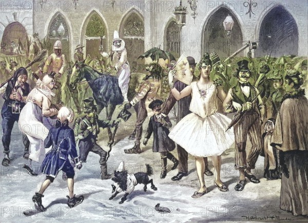 Historical illustration of the street carnival in Munich, Bavaria, Germany/Historical illustration of the street carnival in Munich, Bavaria, Germany, historical, digitally restored reproduction of an original model from the 19th century, exact original date unknown, subsequently colored