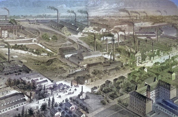Historical illustration of the Bochumer Verein, a factory for the production of crucible steel, Germany/Historical illustration of the Bochumer Verein, a factory for the production of Crucible steel, Germany, historical, digitally restored reproduction of an original original from the 19th century, exact original date unknown, colored later