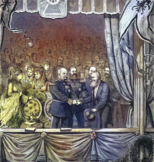 Historical illustration of the emperor shaking hands with an artist, 1870/Historical illustration of the Emporer, shaking hands with an artist, 1870, historical, digitally restored reproduction of an original model from the 19th century, exact original date not known, colored afterwards