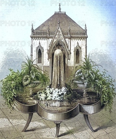 A fountain for the interior of a room, historical illustration/A fountain to be used inside of a room, historical illustration, digitally restored reproduction of an original model from the 19th century, exact original date unknown, subsequently colored