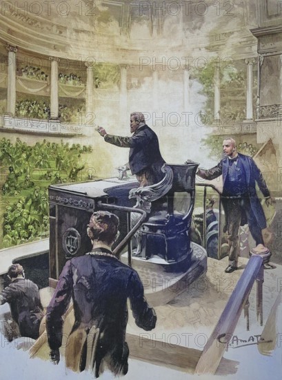 Historical illustration of the bomb attack on the French Parliament, Paris, France/Historical illustration of the bomb attack in the French Parliament, France, historical, digitally restored reproduction of an original model from the 19th century, exact original date unknown, subsequently colored