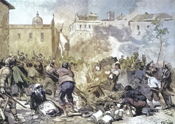 Historical illustration of the uprising in Sicily 1893. Destruction of the tax office in Monreale, Italy/Historical illustration of the Rebellion in Sicily 1893. Destruction of the tax office in Monreale, Italy, historically, digitally restored reproduction of an original model from the 19th century, exact original date unknown, subsequently colored