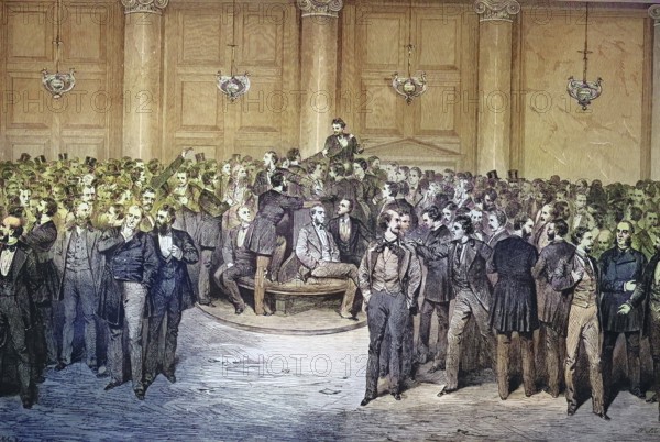 Historical illustration of the lunch break at the stock market in Berlin, Germany, bankers, stock dealers, businessmen standing together/ Historical illustration of the lunch break at the stock market in Berlin, bankers, stock market traders, businessmen stand together, historical, digitally restored reproduction of an original original from the 19th century, exact original date unknown, subsequently colored